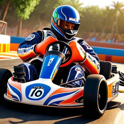 Home 23 **
"A dynamic Kart Rider scene. A kart drifts expertly around a corner, with nitro flames boosting its speed. Focus on the kart's handling and acceleration as it navigates the track. The background showcases a stylized Urdu-themed environment."
**