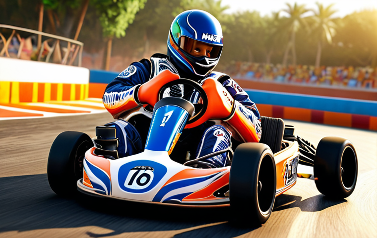 **
"A dynamic Kart Rider scene. A kart drifts expertly around a corner, with nitro flames boosting its speed. Focus on the kart's handling and acceleration as it navigates the track. The background showcases a stylized Urdu-themed environment."
**