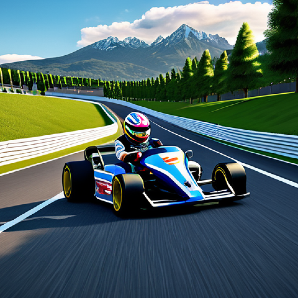 A beautifully designed, professional-grade kart racing circuit, showcasing a diverse and vibrant environment. The track gracefully winds through lush green landscapes, featuring sparkling water bodies and distant majestic mountains under a clear, cloud-dotted sky. Dynamic sunlight casts intricate shadows, highlighting the circuit's sophisticated design and detailed textures. The scene exudes an artistic, high-quality visual experience, with well-formed track elements and natural environmental proportions. safe for work, appropriate content, fully clothed, family-friendly, professional photography, perfect anatomy, correct proportions, natural pose, well-formed hands, proper finger count, natural body proportions.