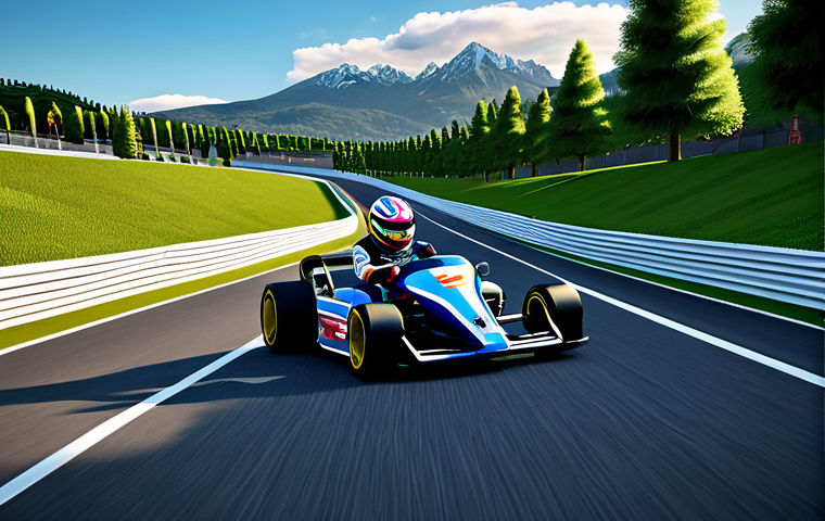 A beautifully designed, professional-grade kart racing circuit, showcasing a diverse and vibrant environment. The track gracefully winds through lush green landscapes, featuring sparkling water bodies and distant majestic mountains under a clear, cloud-dotted sky. Dynamic sunlight casts intricate shadows, highlighting the circuit's sophisticated design and detailed textures. The scene exudes an artistic, high-quality visual experience, with well-formed track elements and natural environmental proportions. safe for work, appropriate content, fully clothed, family-friendly, professional photography, perfect anatomy, correct proportions, natural pose, well-formed hands, proper finger count, natural body proportions.