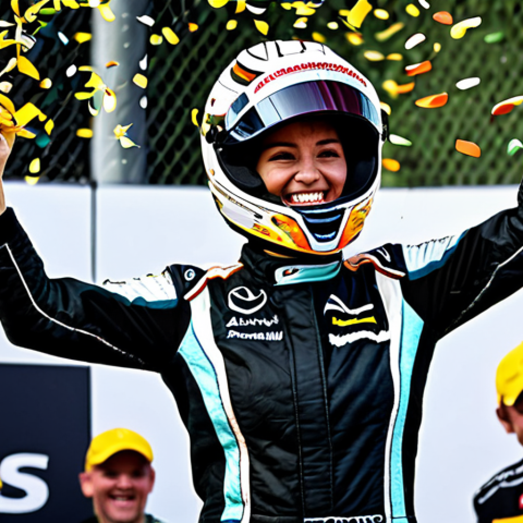 **

"A skilled female race car driver, fully clothed in a professional racing suit and helmet, celebrates her victory on the winner's podium. The scene captures the joy of success with confetti and cheering crowds in the background. Perfect anatomy, natural pose, professional photography, high quality, safe for work, modest, appropriate attire."

**