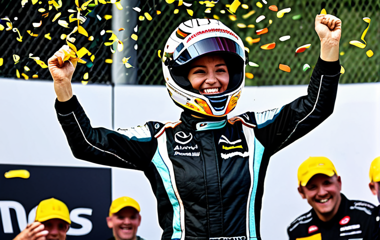 **
"A skilled female race car driver, fully clothed in a professional racing suit and helmet, celebrates her victory on the winner's podium. The scene captures the joy of success with confetti and cheering crowds in the background. Perfect anatomy, natural pose, professional photography, high quality, safe for work, modest, appropriate attire."
**