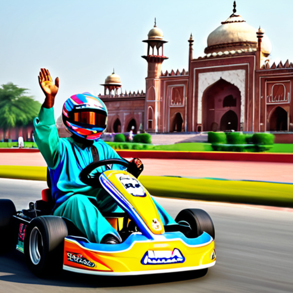 **

"A vibrant Kart Rider fan art piece showcasing a character in traditional Pakistani shalwar kameez, racing past the Badshahi Mosque in Lahore.  The kart is customized with colorful cultural motifs.  Dynamic action pose, bright and cheerful atmosphere, digital painting, high quality, perfect anatomy, correct proportions, safe for work, appropriate content, fully clothed, family-friendly."

**