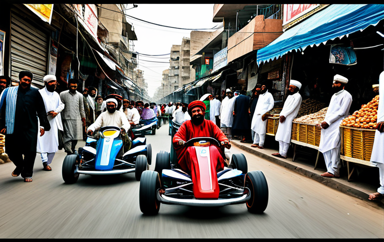 **

"A vibrant Kart Rider scene with characters in traditional Pakistani clothing racing through a bustling Karachi marketplace, fully clothed, appropriate attire, safe for work, perfect anatomy, natural proportions, professional illustration, high quality"

**