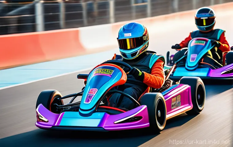 카트라이더 플레이 영상 편집 - **Dynamic Kart Race Finish:** A vibrant, high-energy image of a diverse group of four kart racers, e...