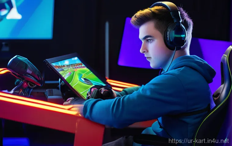 카트라이더 리플레이 분석하는 법 - **Prompt:** A young, focused male gamer (approximately 17 years old) sitting in a comfortable gaming...