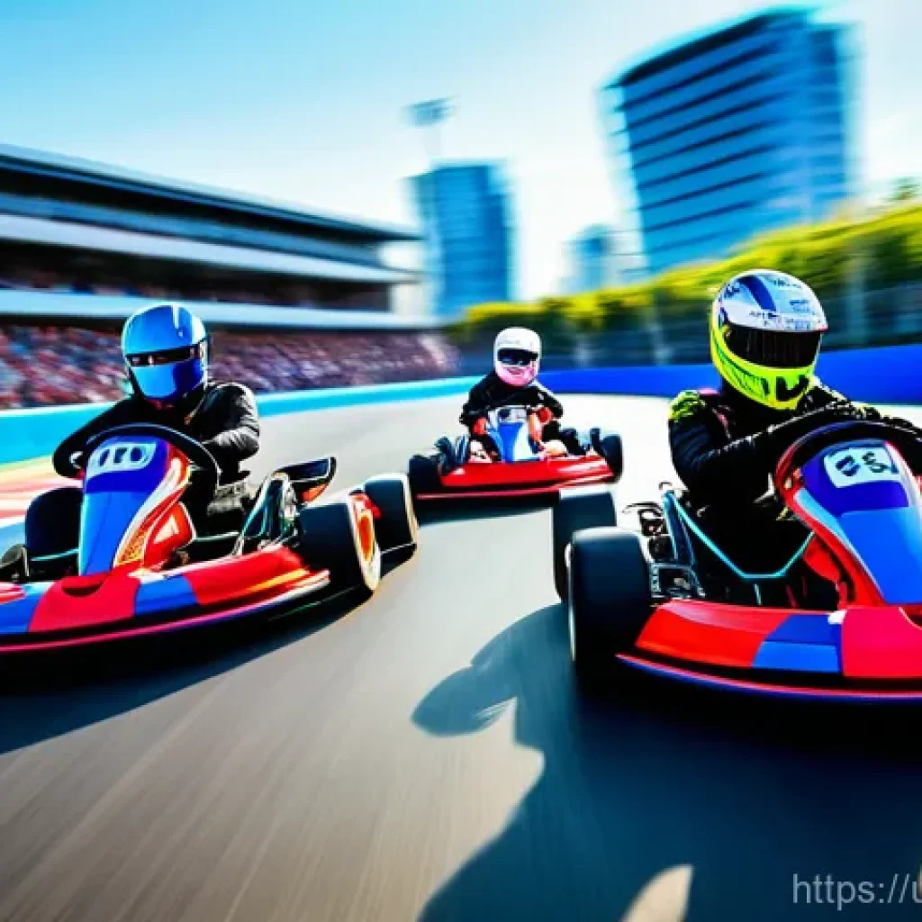 카트라이더 초보 유저를 위한 드리프트 연습법 - **Dynamic Kart Race:** A wide-angle, action-packed shot of three go-karts racing neck-and-neck aroun...