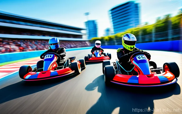 카트라이더 초보 유저를 위한 드리프트 연습법 - **Dynamic Kart Race:** A wide-angle, action-packed shot of three go-karts racing neck-and-neck aroun...