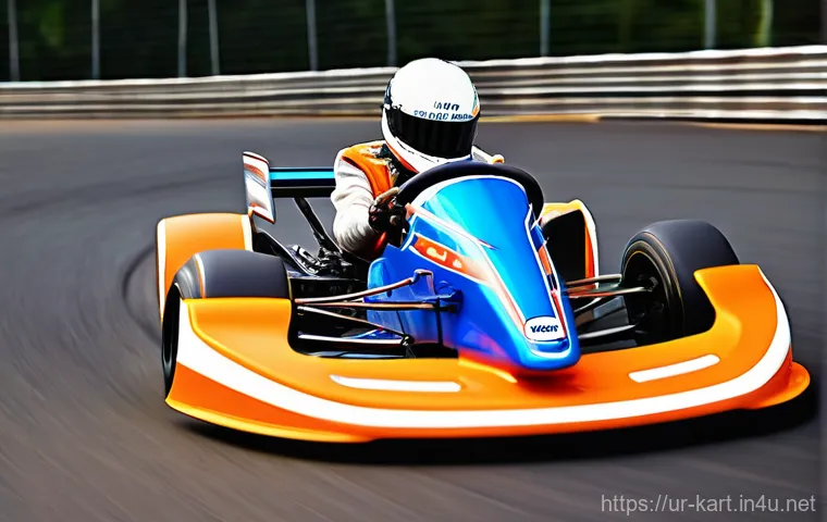 카트라이더 초보 유저의 드리프트 기술 가이드 - **Dynamic Kart Drifting Action:** A vibrant, futuristic racing kart, possibly in bright blue or oran...