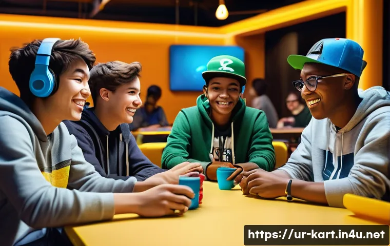 카트라이더 스트리머 커뮤니티 링크 - **Prompt:** A vibrant, dynamic illustration depicting a diverse group of young adults (teens and ear...