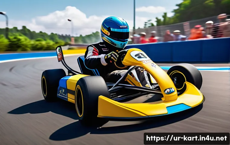 카트라이더 전설급 트랙의 재미 - **Dynamic Drifting Masterpiece:** A KartRider racer, wearing a sleek, modern racing suit and full he...